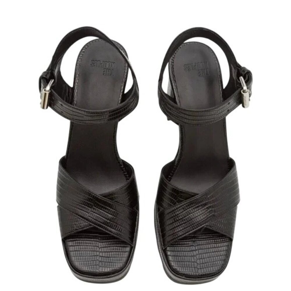 Kooples Black Leather Platform Sandals Adjustable Buckle Strap & 10cm Block Heel - Picture 5 of 12